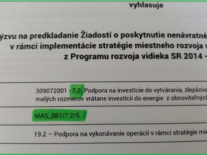 Vyhlásenie výzvy MAS v podopatrení 7.2 PRV